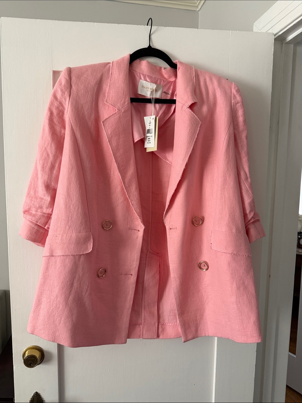 Ramy Brook Pink Double-Breasted Linen-Blend Blazer